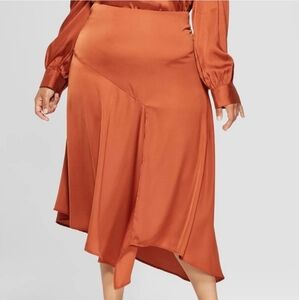 Rust Satin Asymmetrical Midi Skirt